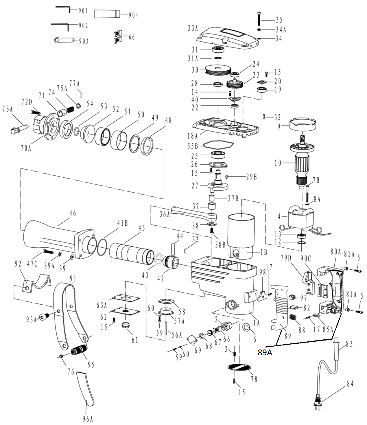 ЗУБР Бетонолом, 40 Дж, 1700 Вт, отбойный молоток HEX-30, Профессионал (ЗМ-40-1700 К) - разборная схема